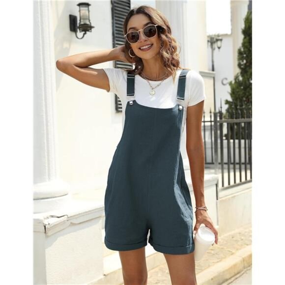 Women's Cotton Linen Short Overalls Casual Greyish Blue - Picture 1 of 5